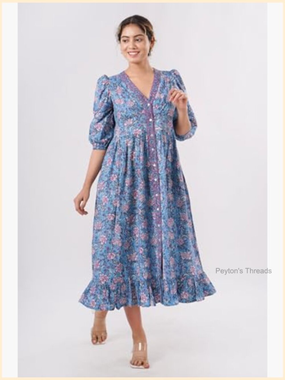 V-Neck Cotton Midi Dress with Pockets Handmade Boho Beach Dress - Picture 3 of 6